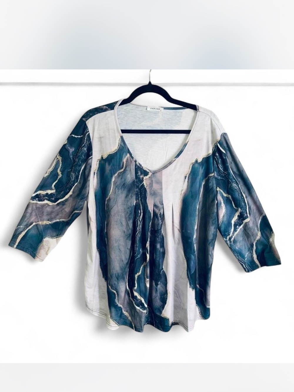 Artsy Abstract Marble-Print Teal V-Neck Long Sleeve Top size XL by Ekouaer